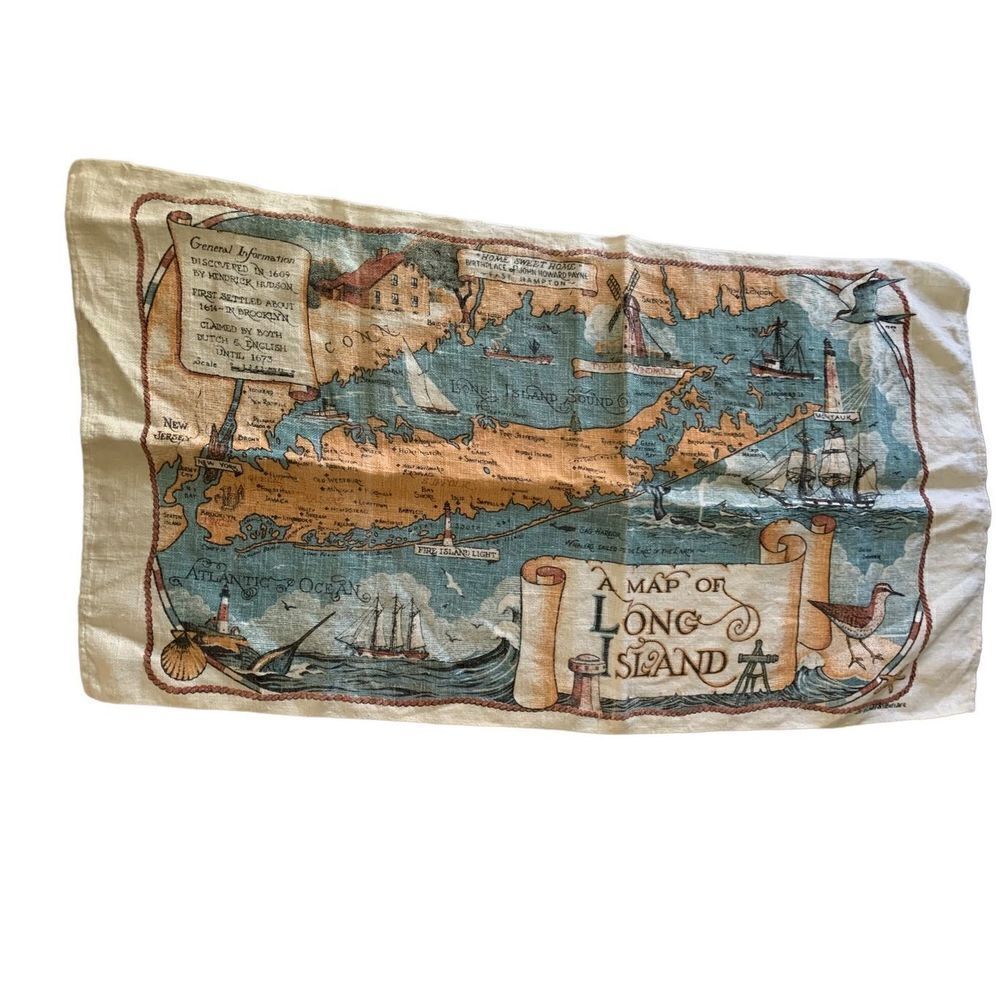 Vintage 70s Richard Batchelder A Map of Long Island Print on Linen